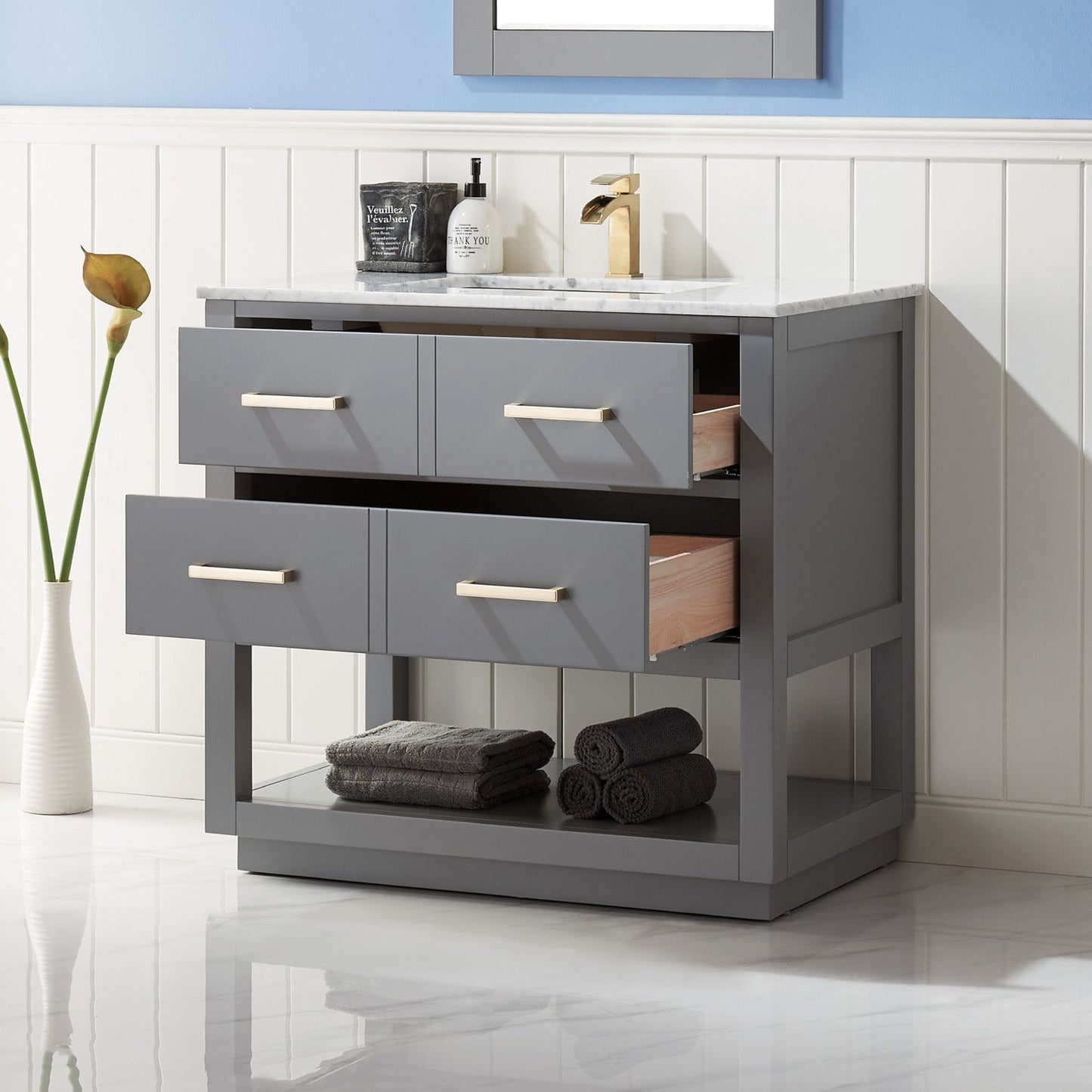 Remi 36" Single Bathroom Vanity Set in Gray and Carrara White Marble Countertop with Mirror
