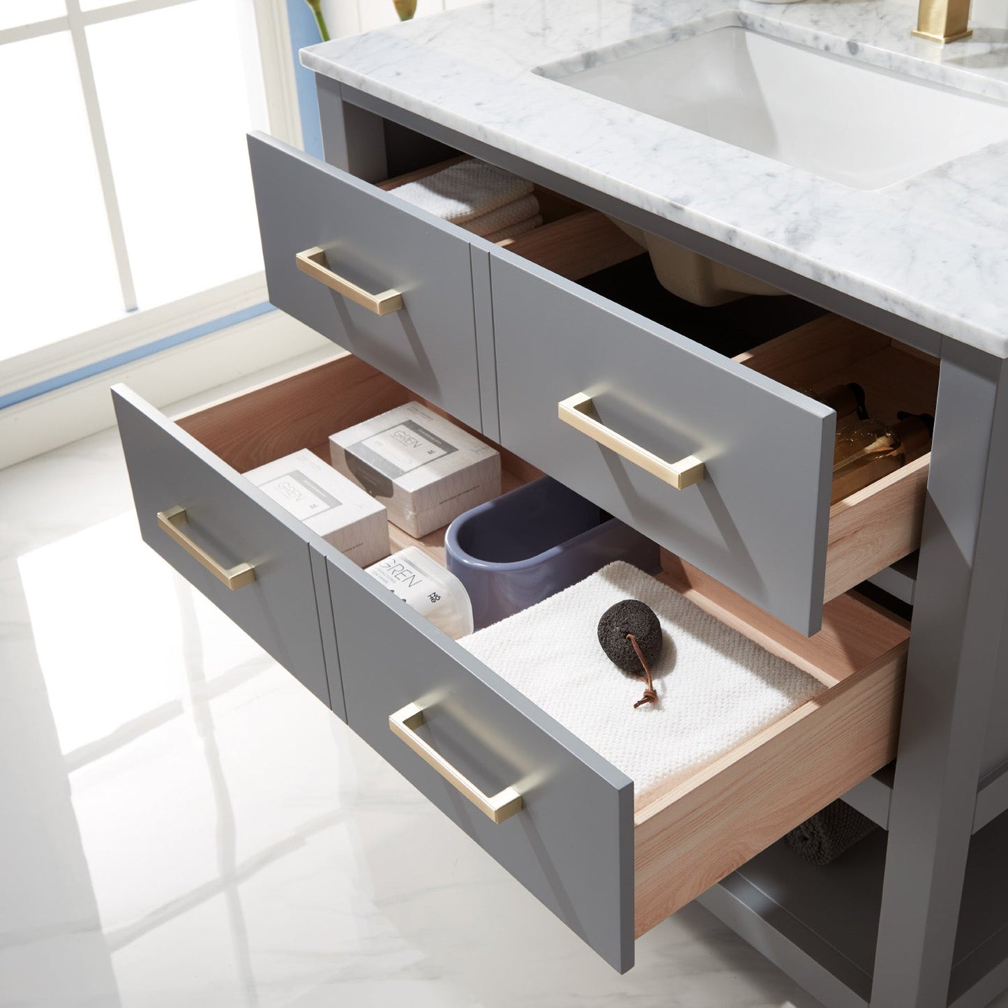 Remi 36" Single Bathroom Vanity Set in Gray and Carrara White Marble Countertop with Mirror