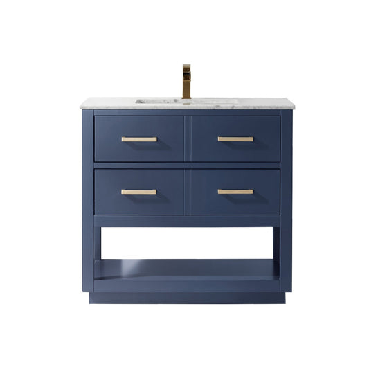 Remi 36" Single Bathroom Vanity Set in Royal Blue and Carrara White Marble Countertop without Mirror