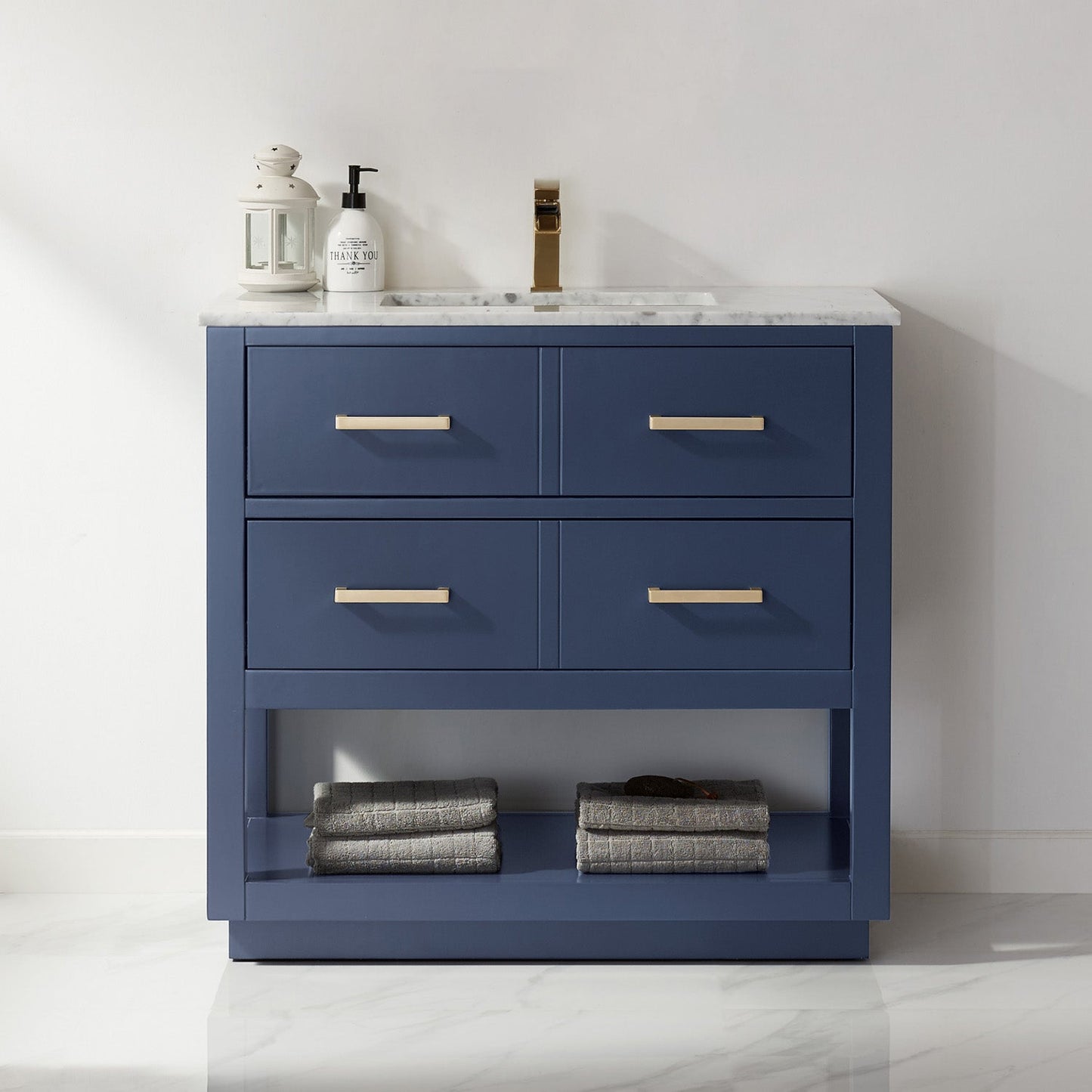 Remi 36" Single Bathroom Vanity Set in Royal Blue and Carrara White Marble Countertop without Mirror