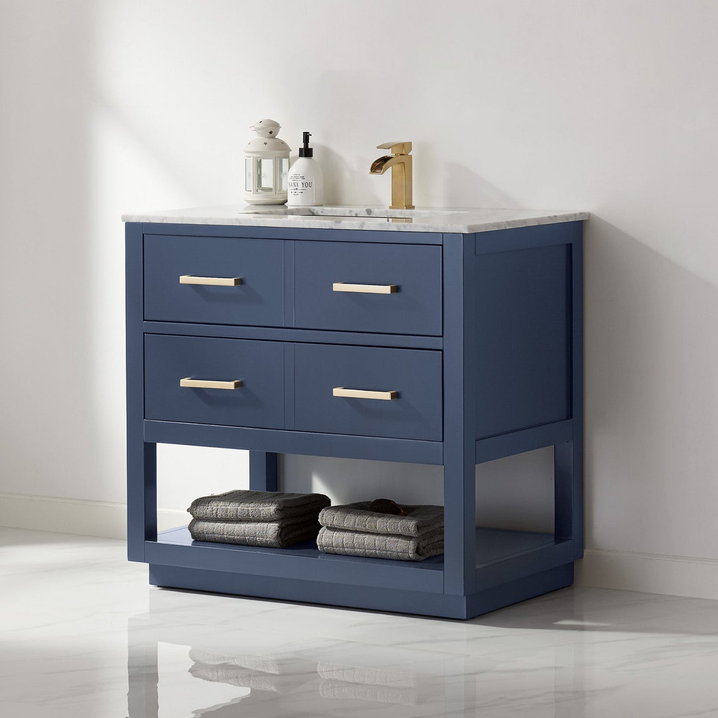 Remi 36" Single Bathroom Vanity Set in Royal Blue and Carrara White Marble Countertop without Mirror