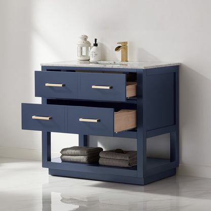 Remi 36" Single Bathroom Vanity Set in Royal Blue and Carrara White Marble Countertop without Mirror