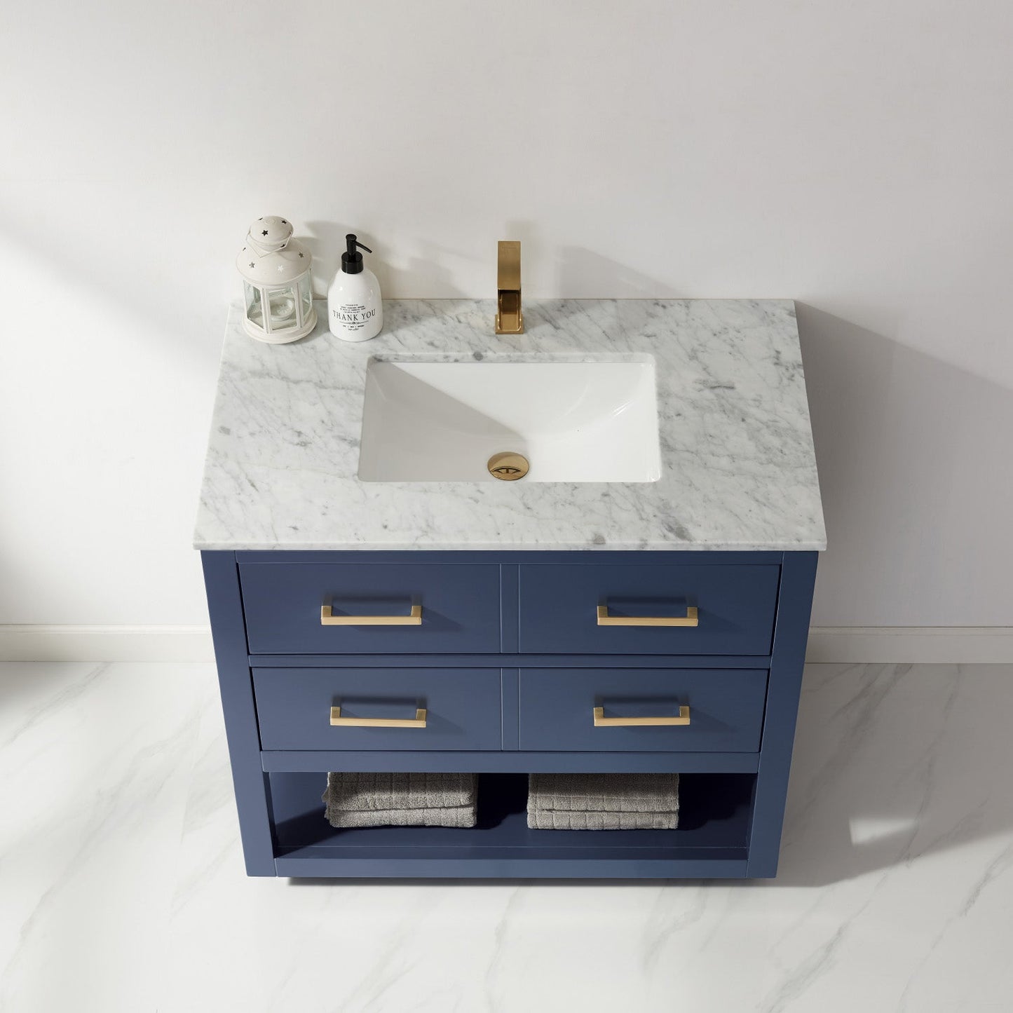 Remi 36" Single Bathroom Vanity Set in Royal Blue and Carrara White Marble Countertop without Mirror