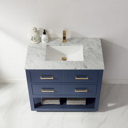 Remi 36" Single Bathroom Vanity Set in Royal Blue and Carrara White Marble Countertop without Mirror