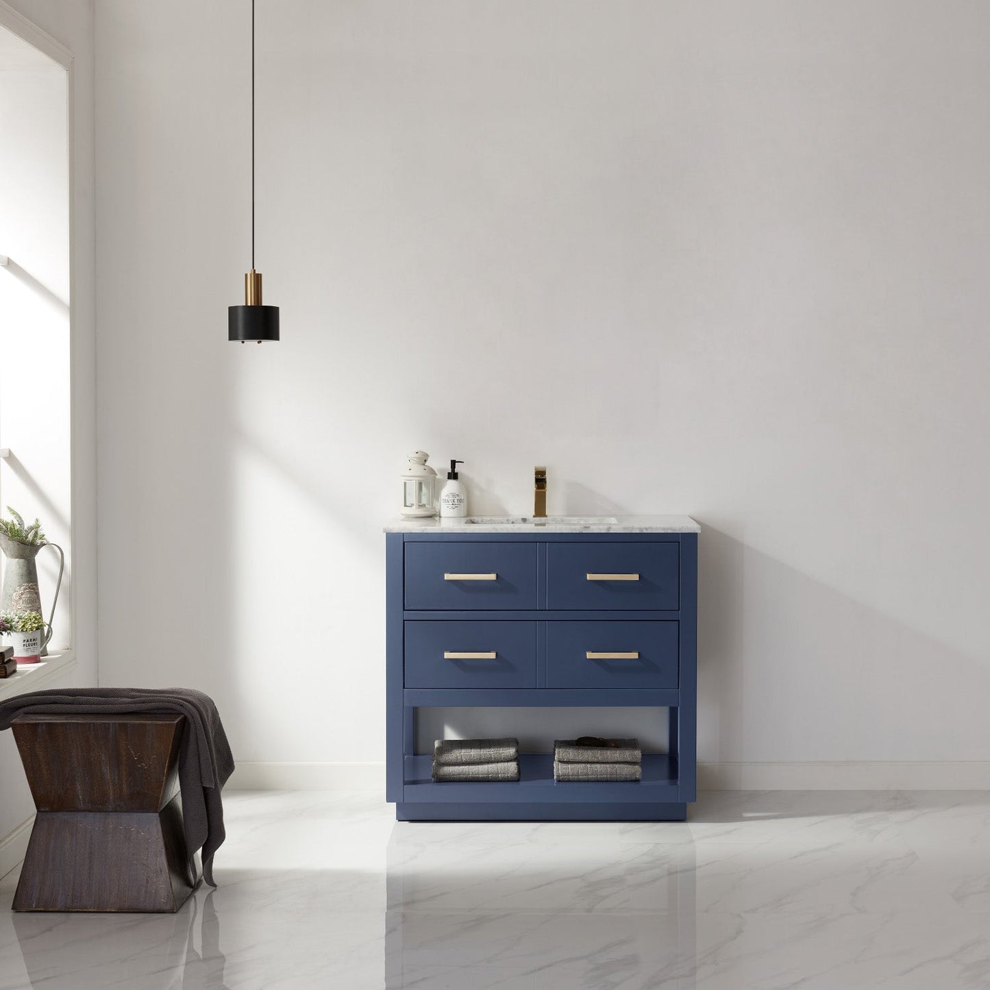 Remi 36" Single Bathroom Vanity Set in Royal Blue and Carrara White Marble Countertop without Mirror