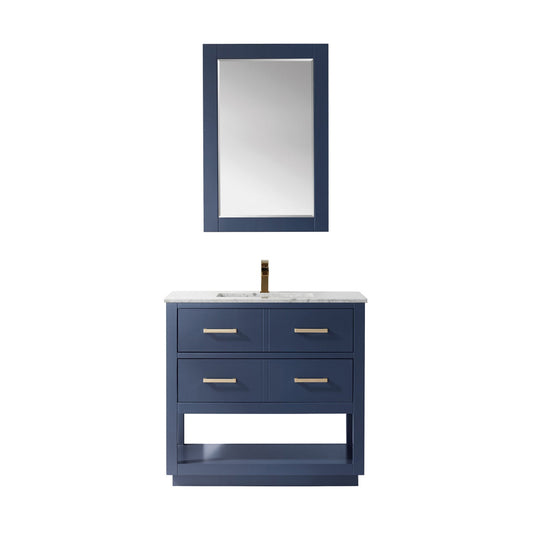 Remi 36" Single Bathroom Vanity Set in Royal Blue and Carrara White Marble Countertop with Mirror