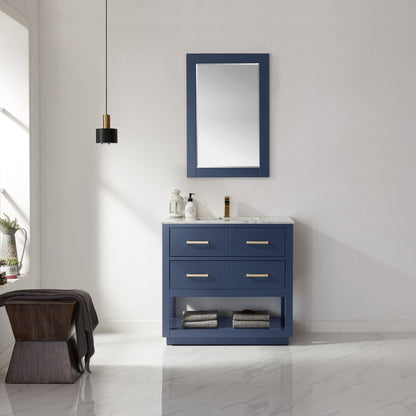 Remi 36" Single Bathroom Vanity Set in Royal Blue and Carrara White Marble Countertop with Mirror