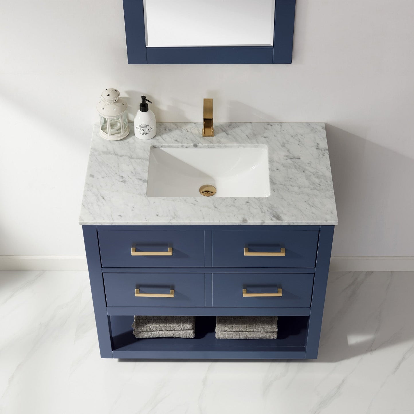 Remi 36" Single Bathroom Vanity Set in Royal Blue and Carrara White Marble Countertop with Mirror