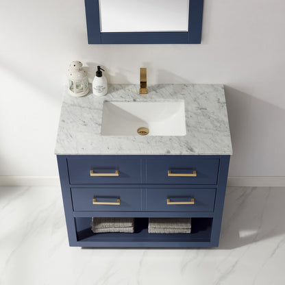 Remi 36" Single Bathroom Vanity Set in Royal Blue and Carrara White Marble Countertop with Mirror