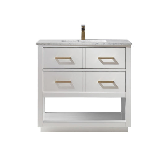 Remi 36" Single Bathroom Vanity Set in White and Carrara White Marble Countertop without Mirror