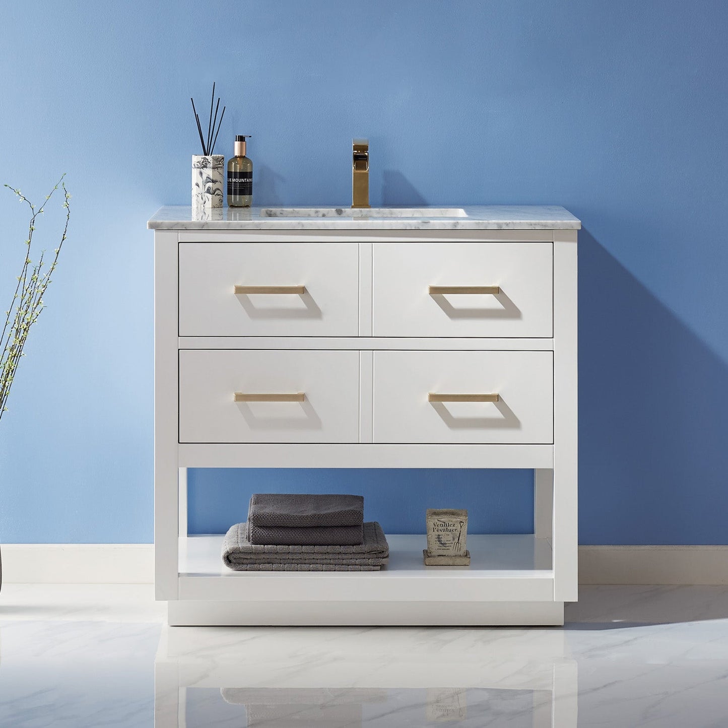 Remi 36" Single Bathroom Vanity Set in White and Carrara White Marble Countertop without Mirror