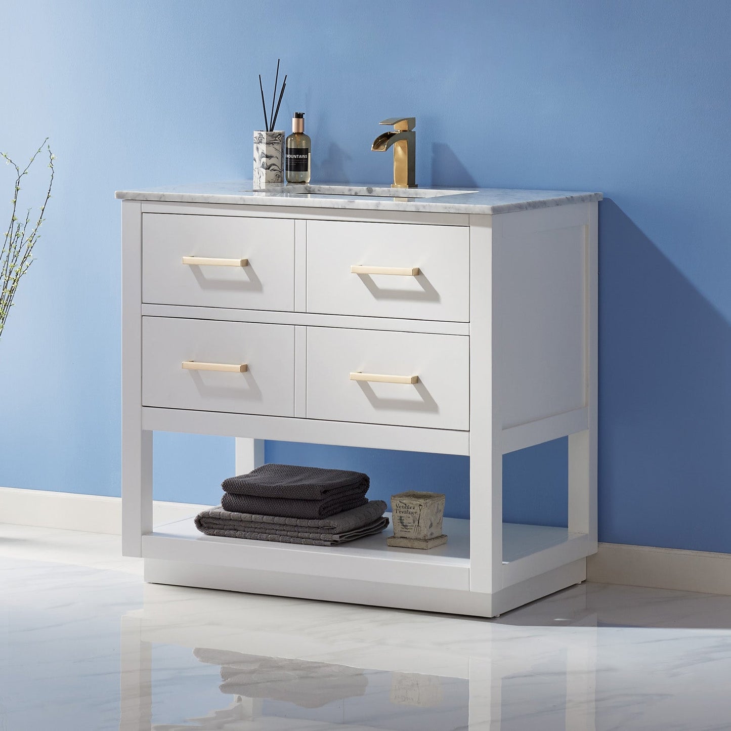 Remi 36" Single Bathroom Vanity Set in White and Carrara White Marble Countertop without Mirror