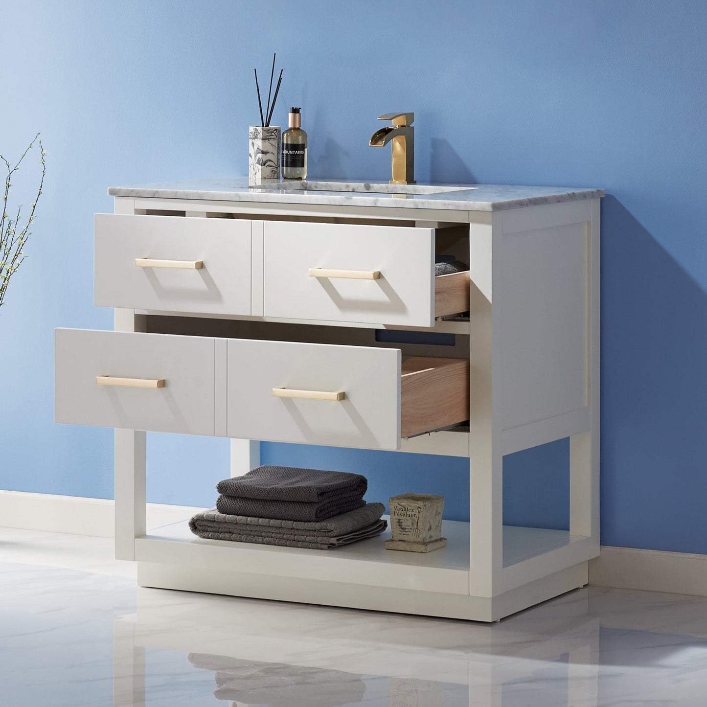 Remi 36" Single Bathroom Vanity Set in White and Carrara White Marble Countertop without Mirror