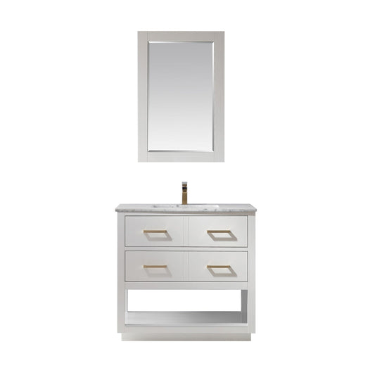 Remi 36" Single Bathroom Vanity Set in White and Carrara White Marble Countertop with Mirror