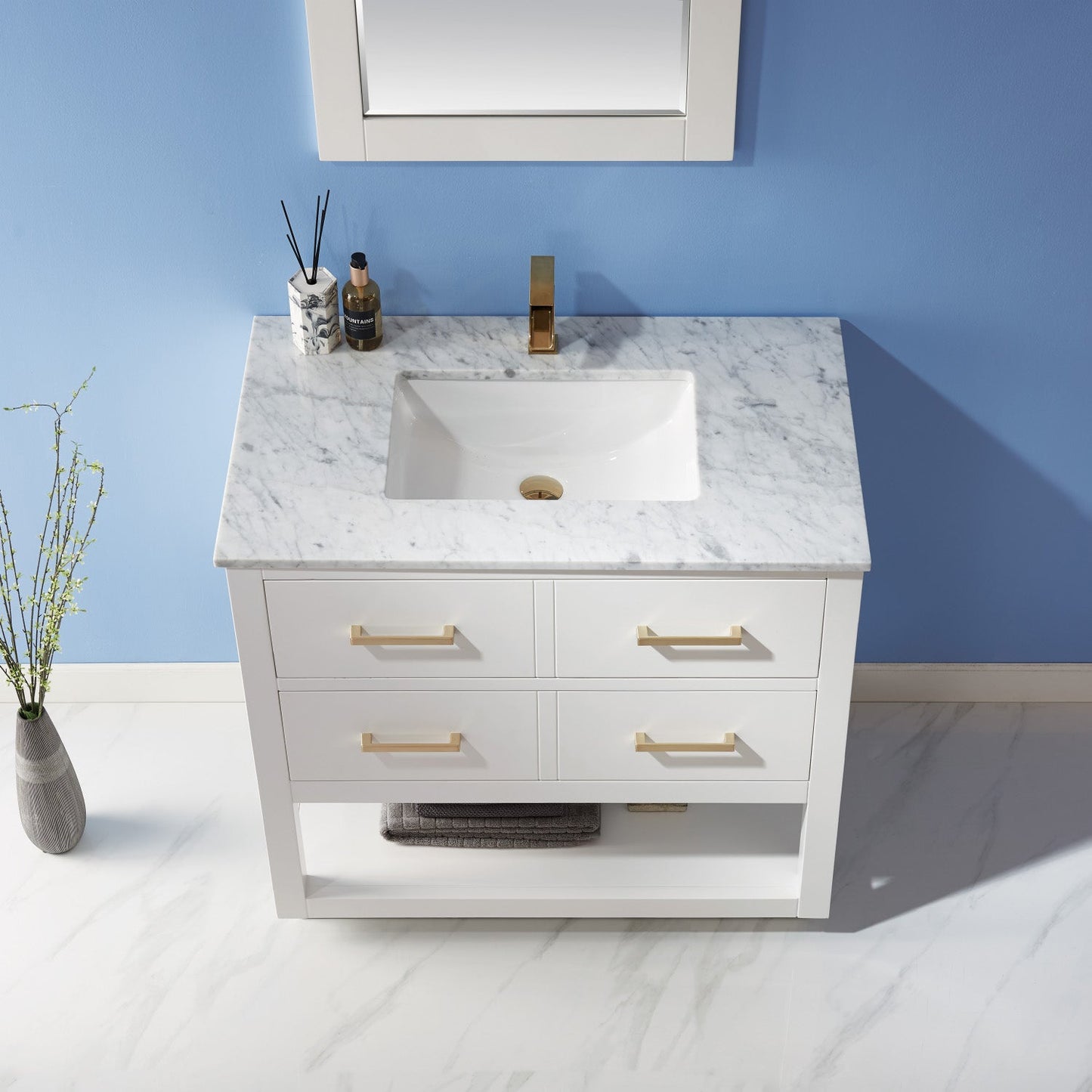 Remi 36" Single Bathroom Vanity Set in White and Carrara White Marble Countertop with Mirror
