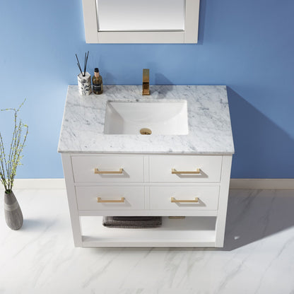 Remi 36" Single Bathroom Vanity Set in White and Carrara White Marble Countertop with Mirror