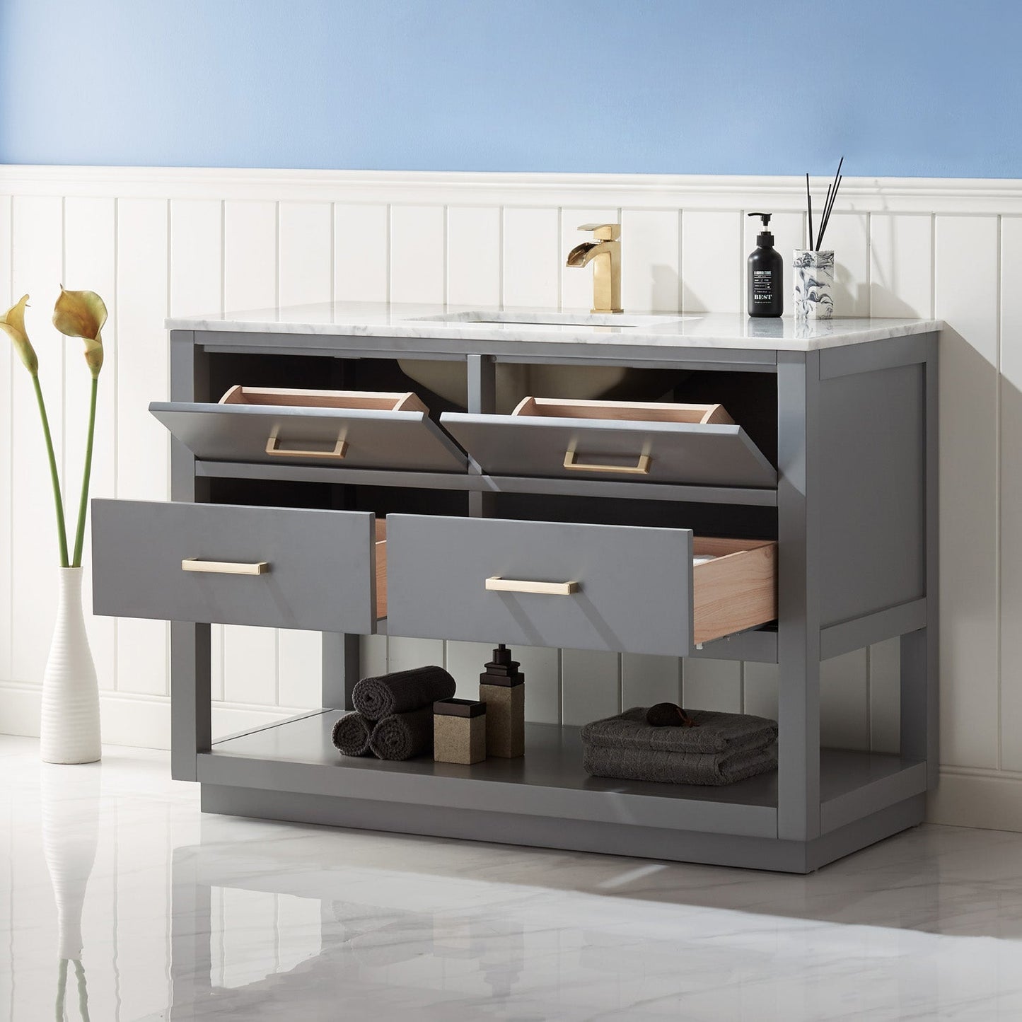 Remi 48" Single Bathroom Vanity Set in Gray and Carrara White Marble Countertop without Mirror