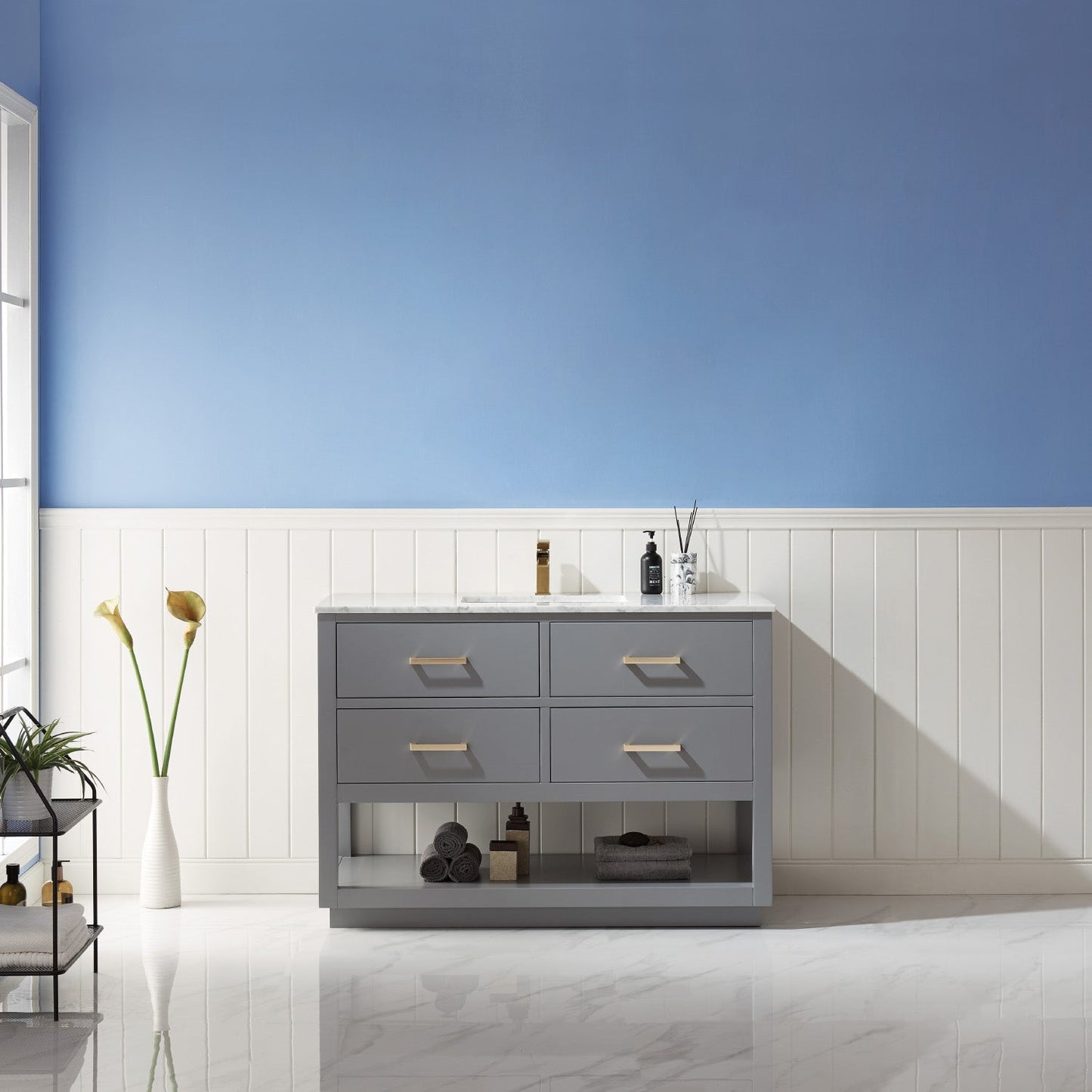 Remi 48" Single Bathroom Vanity Set in Gray and Carrara White Marble Countertop without Mirror