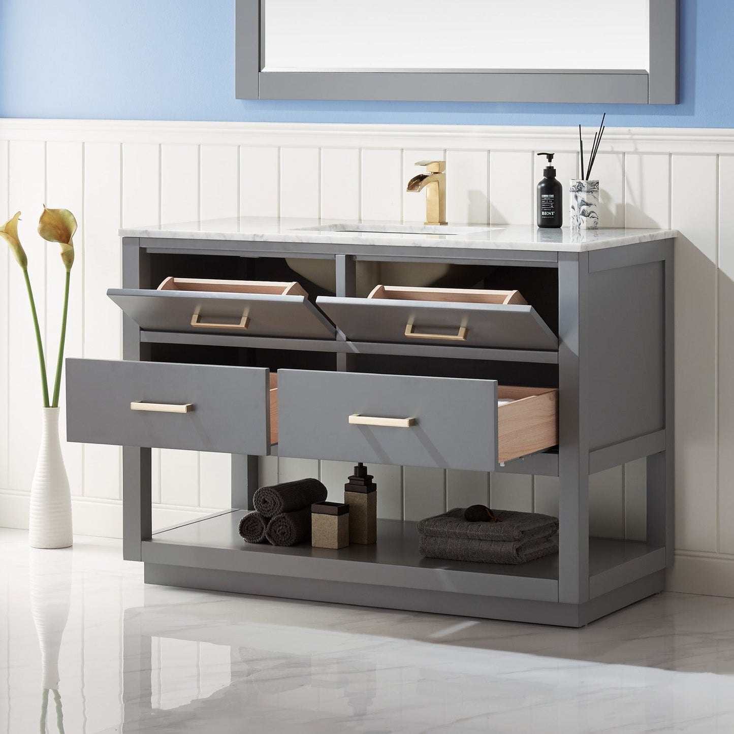 Remi 48" Single Bathroom Vanity Set in Gray and Carrara White Marble Countertop with Mirror