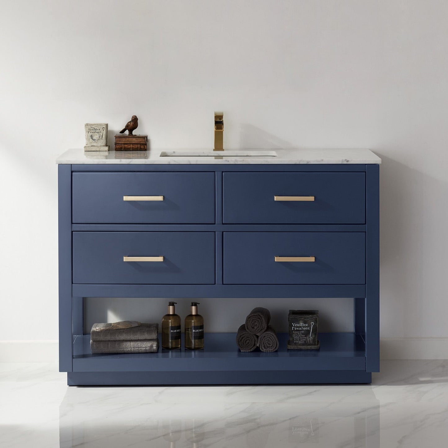 Remi 48" Single Bathroom Vanity Set in Royal Blue and Carrara White Marble Countertop without Mirror