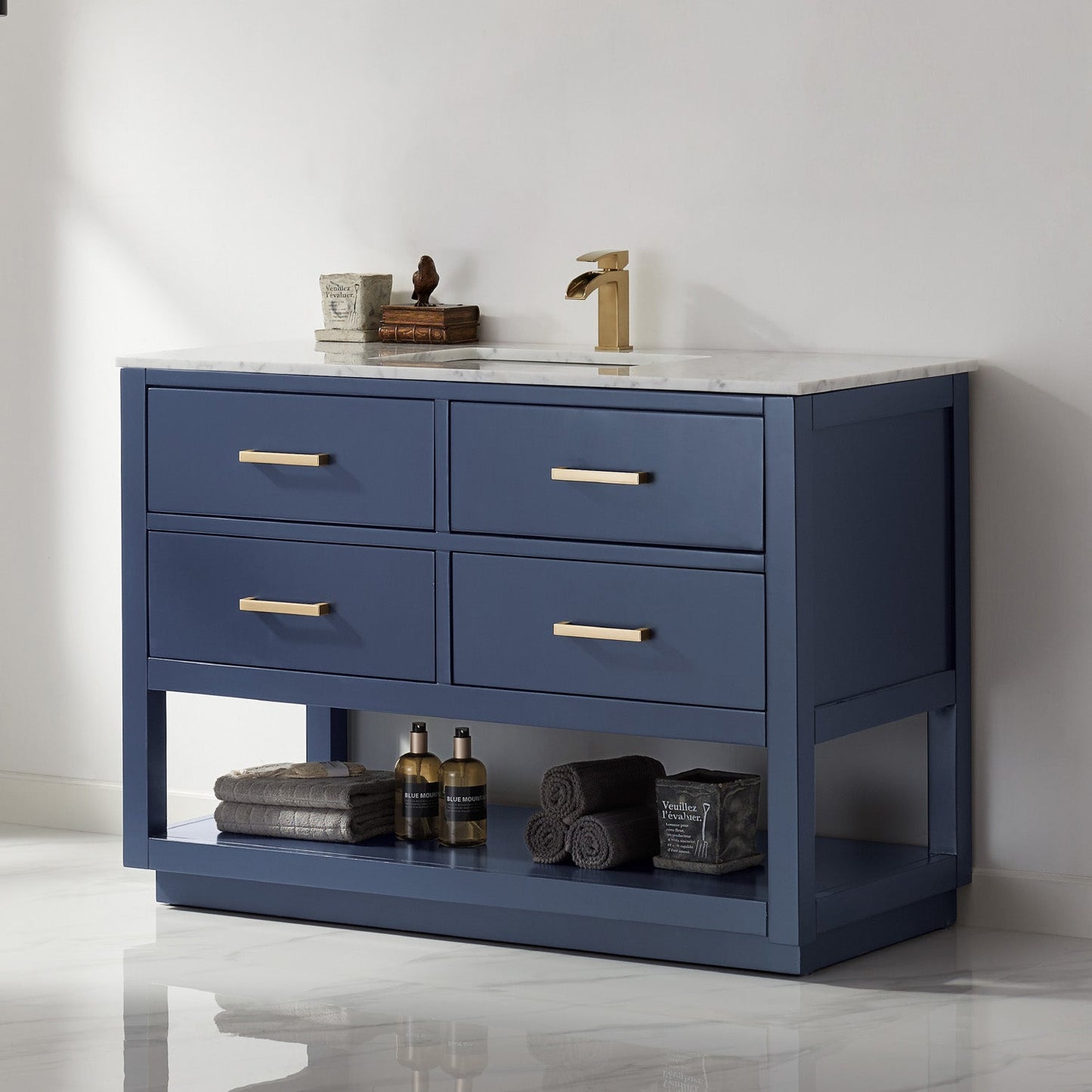 Remi 48" Single Bathroom Vanity Set in Royal Blue and Carrara White Marble Countertop without Mirror