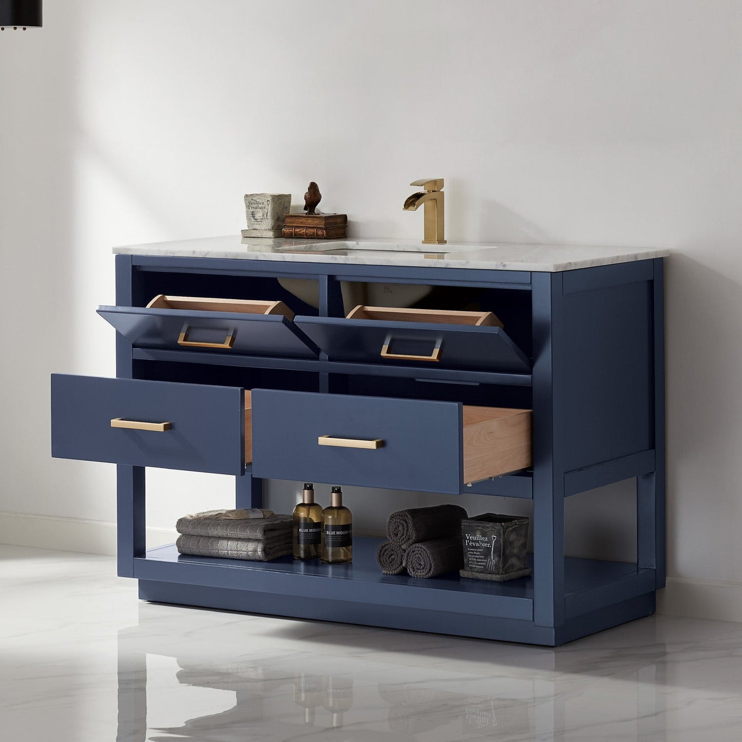 Remi 48" Single Bathroom Vanity Set in Royal Blue and Carrara White Marble Countertop without Mirror