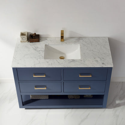 Remi 48" Single Bathroom Vanity Set in Royal Blue and Carrara White Marble Countertop without Mirror