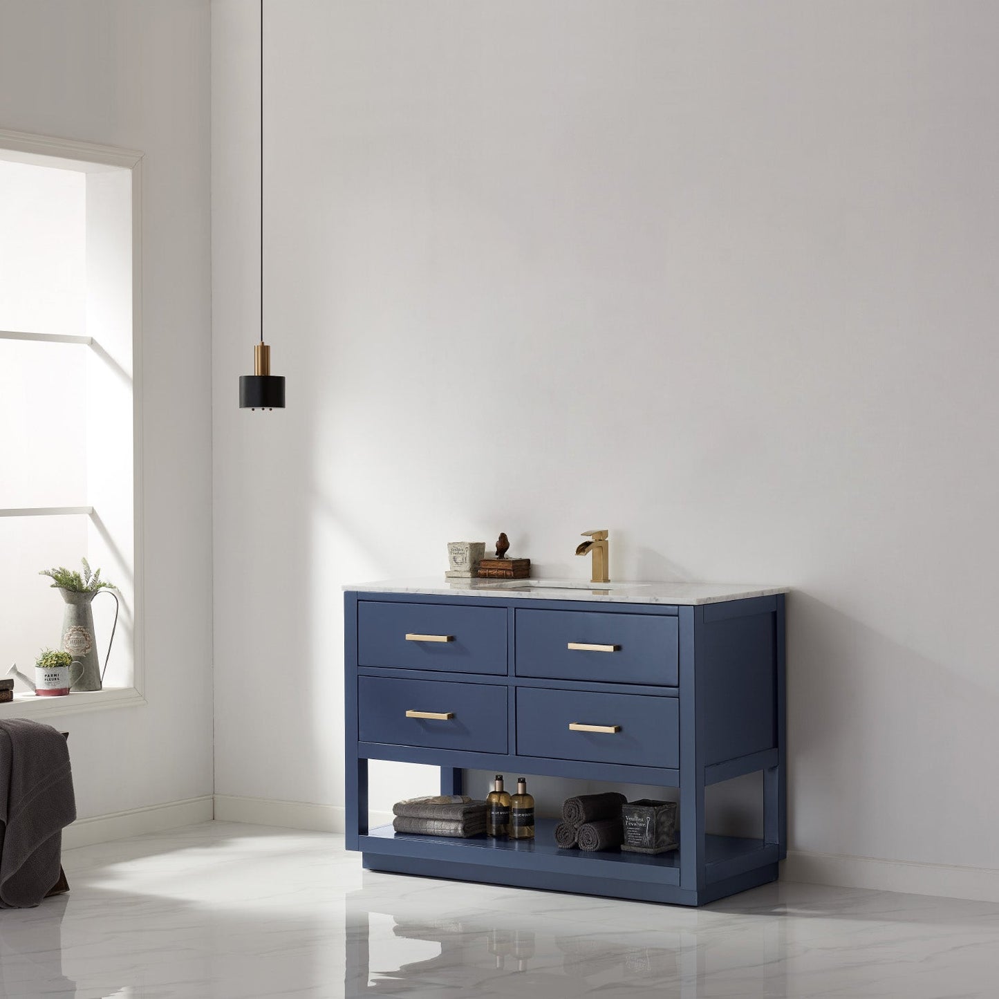 Remi 48" Single Bathroom Vanity Set in Royal Blue and Carrara White Marble Countertop without Mirror