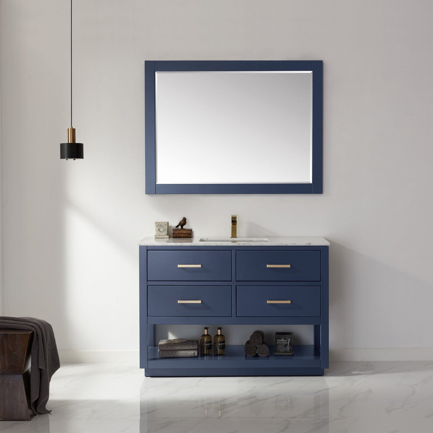 Remi 48" Single Bathroom Vanity Set in Royal Blue and Carrara White Marble Countertop with Mirror