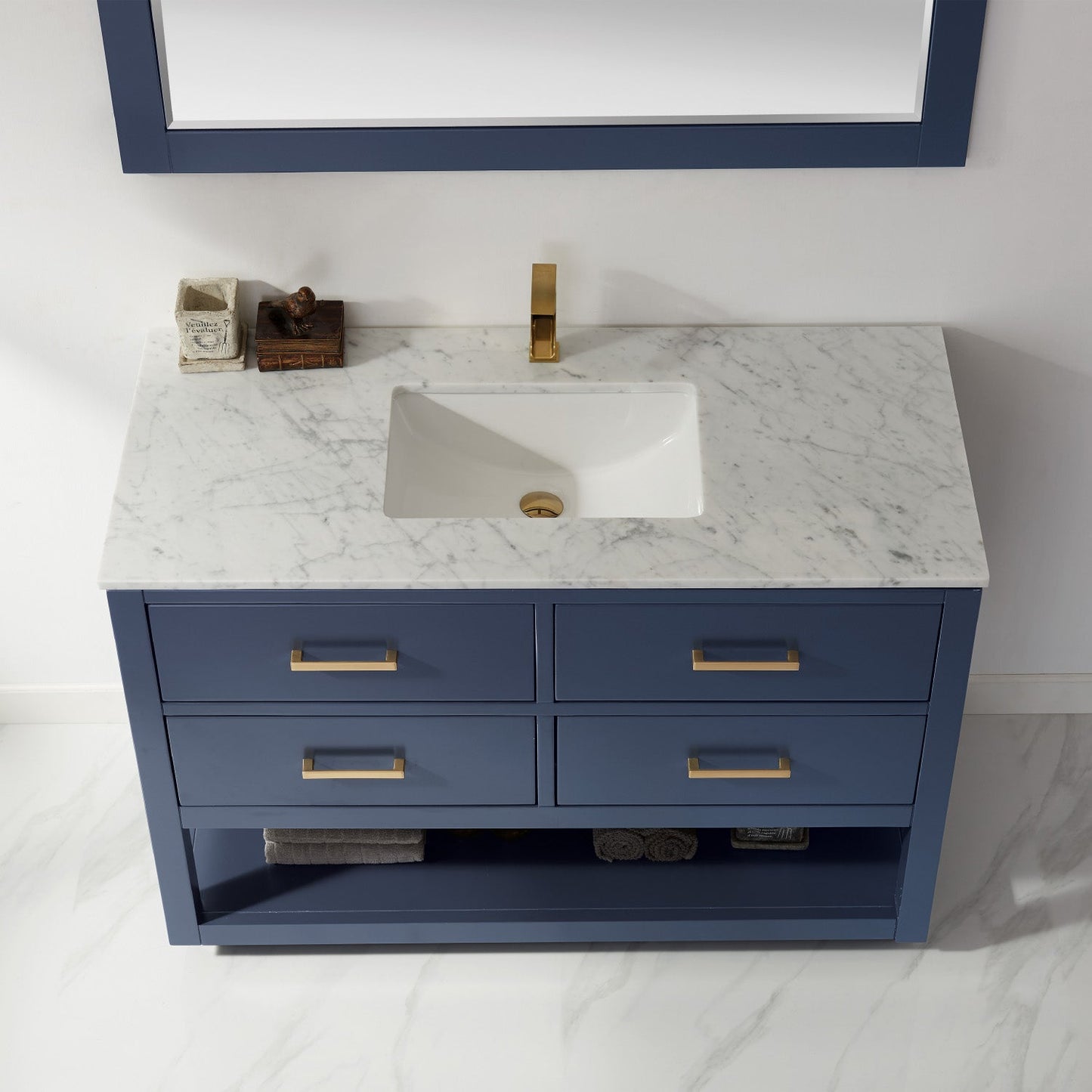 Remi 48" Single Bathroom Vanity Set in Royal Blue and Carrara White Marble Countertop with Mirror