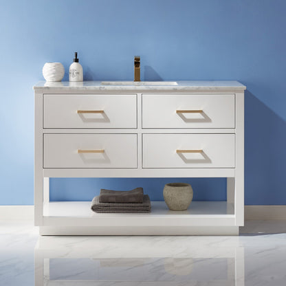 Remi 48" Single Bathroom Vanity Set in White and Carrara White Marble Countertop without Mirror