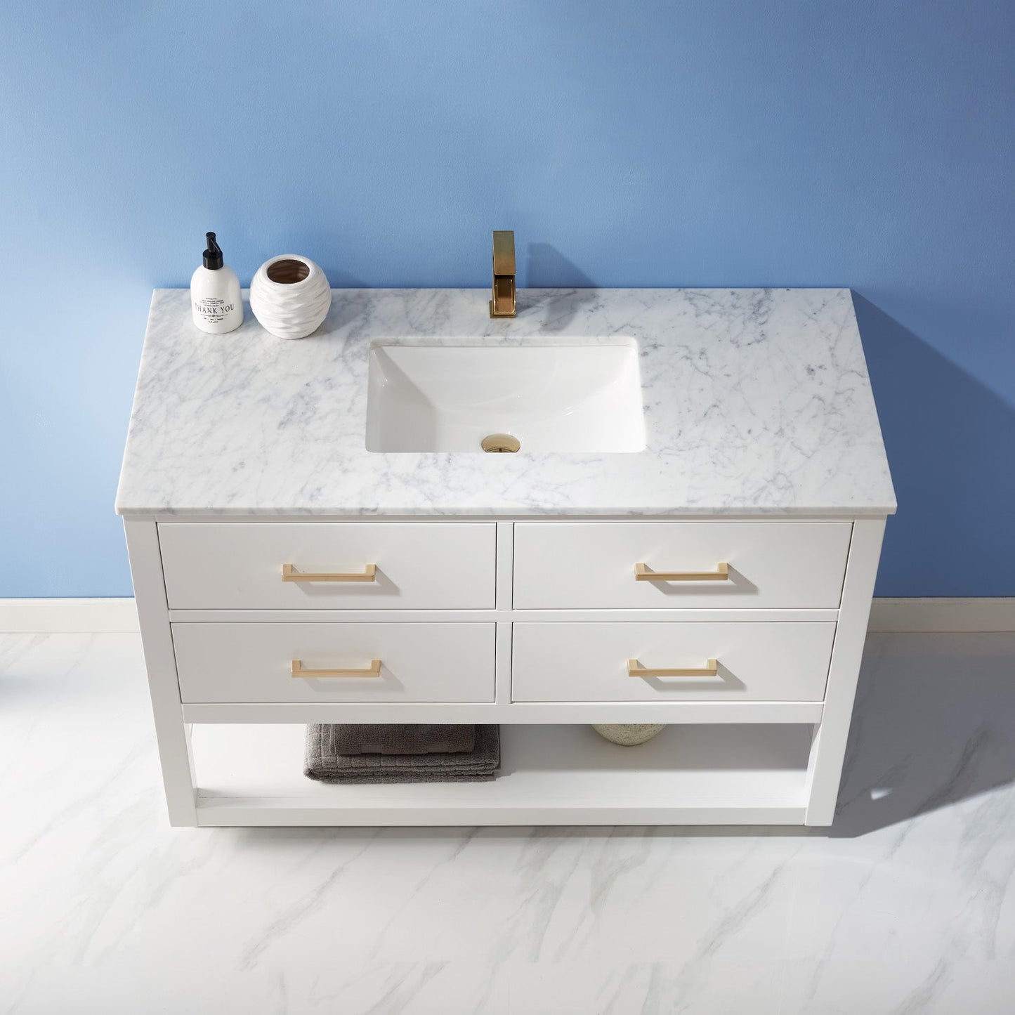 Remi 48" Single Bathroom Vanity Set in White and Carrara White Marble Countertop without Mirror