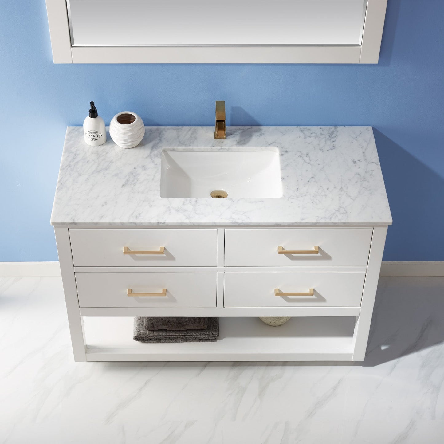 Remi 48" Single Bathroom Vanity Set in White and Carrara White Marble Countertop with Mirror