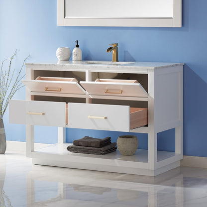 Remi 48" Single Bathroom Vanity Set in White and Carrara White Marble Countertop with Mirror