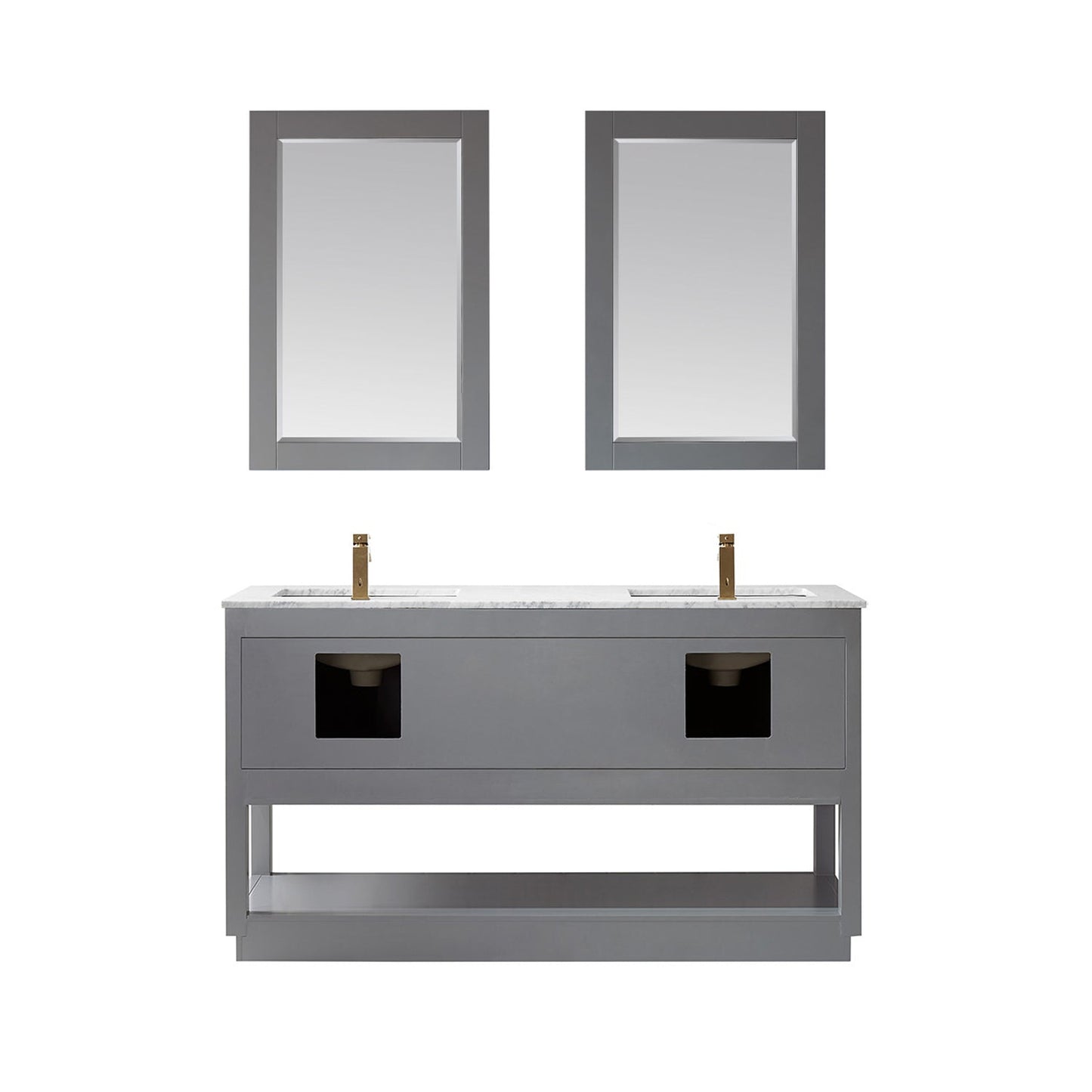Remi 60" Double Bathroom Vanity Set in Gray and Carrara White Marble Countertop with Mirror