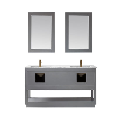 Remi 60" Double Bathroom Vanity Set in Gray and Carrara White Marble Countertop with Mirror
