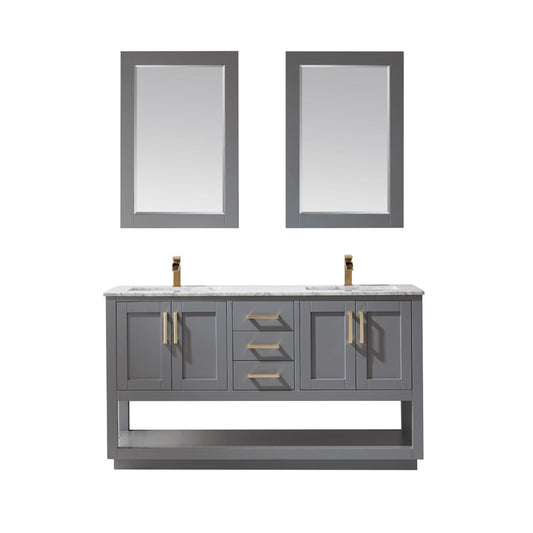 Remi 60" Double Bathroom Vanity Set in Gray and Carrara White Marble Countertop with Mirror