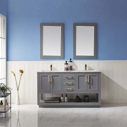 Remi 60" Double Bathroom Vanity Set in Gray and Carrara White Marble Countertop with Mirror