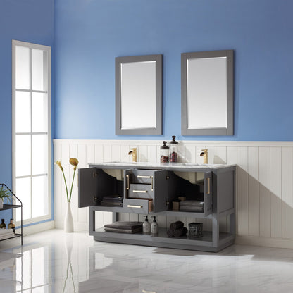 Remi 60" Double Bathroom Vanity Set in Gray and Carrara White Marble Countertop with Mirror