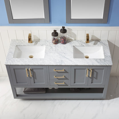 Remi 60" Double Bathroom Vanity Set in Gray and Carrara White Marble Countertop with Mirror