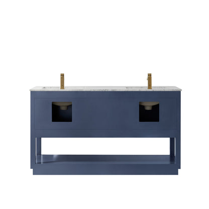 Remi 60" Double Bathroom Vanity Set in Royal Blue and Carrara White Marble Countertop without Mirror
