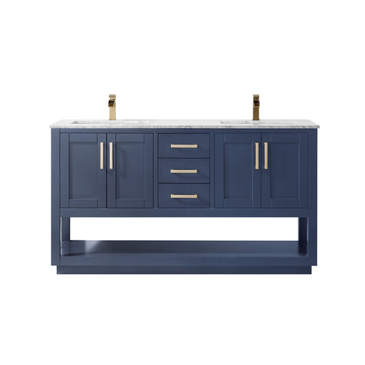Remi 60" Double Bathroom Vanity Set in Royal Blue and Carrara White Marble Countertop without Mirror