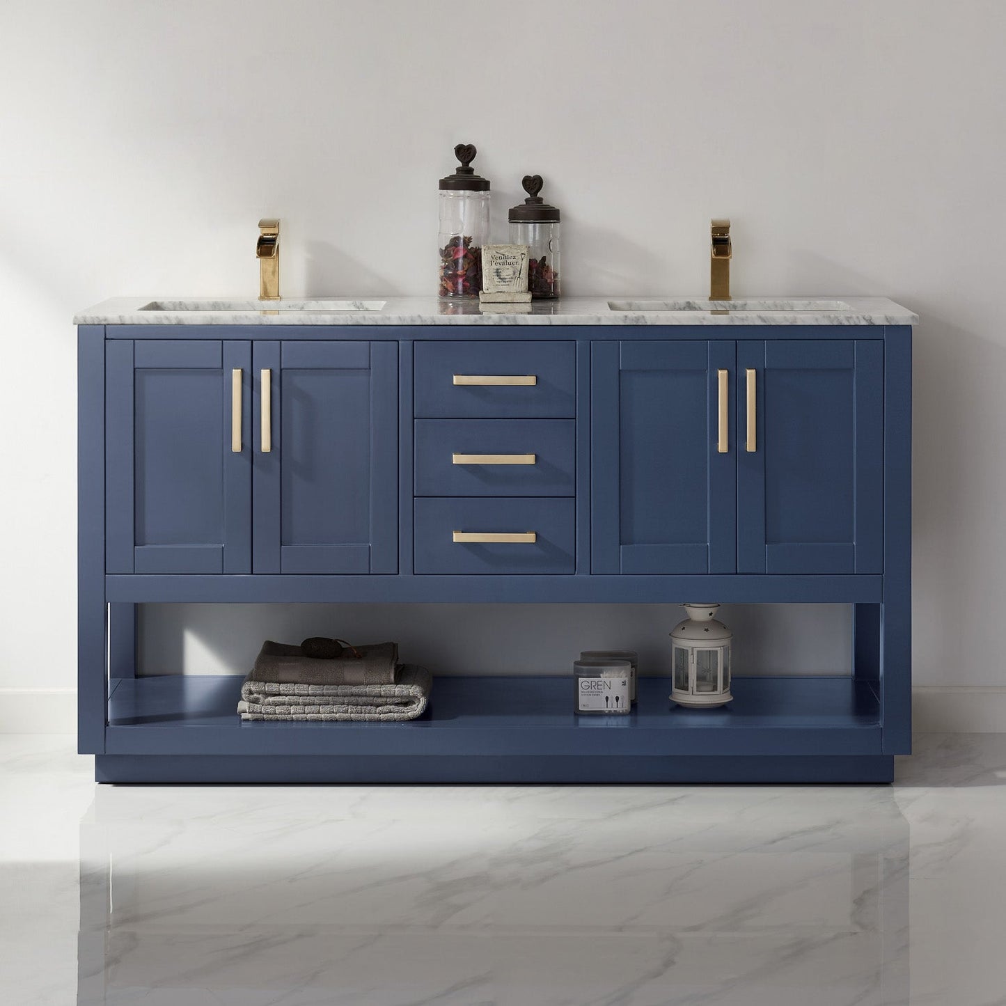 Remi 60" Double Bathroom Vanity Set in Royal Blue and Carrara White Marble Countertop without Mirror