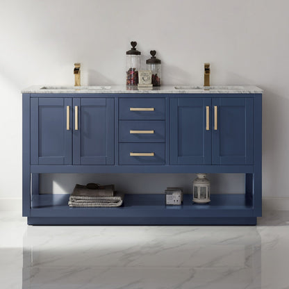 Remi 60" Double Bathroom Vanity Set in Royal Blue and Carrara White Marble Countertop without Mirror