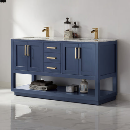 Remi 60" Double Bathroom Vanity Set in Royal Blue and Carrara White Marble Countertop without Mirror