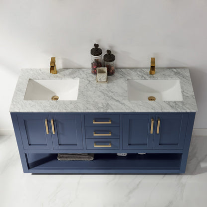 Remi 60" Double Bathroom Vanity Set in Royal Blue and Carrara White Marble Countertop without Mirror