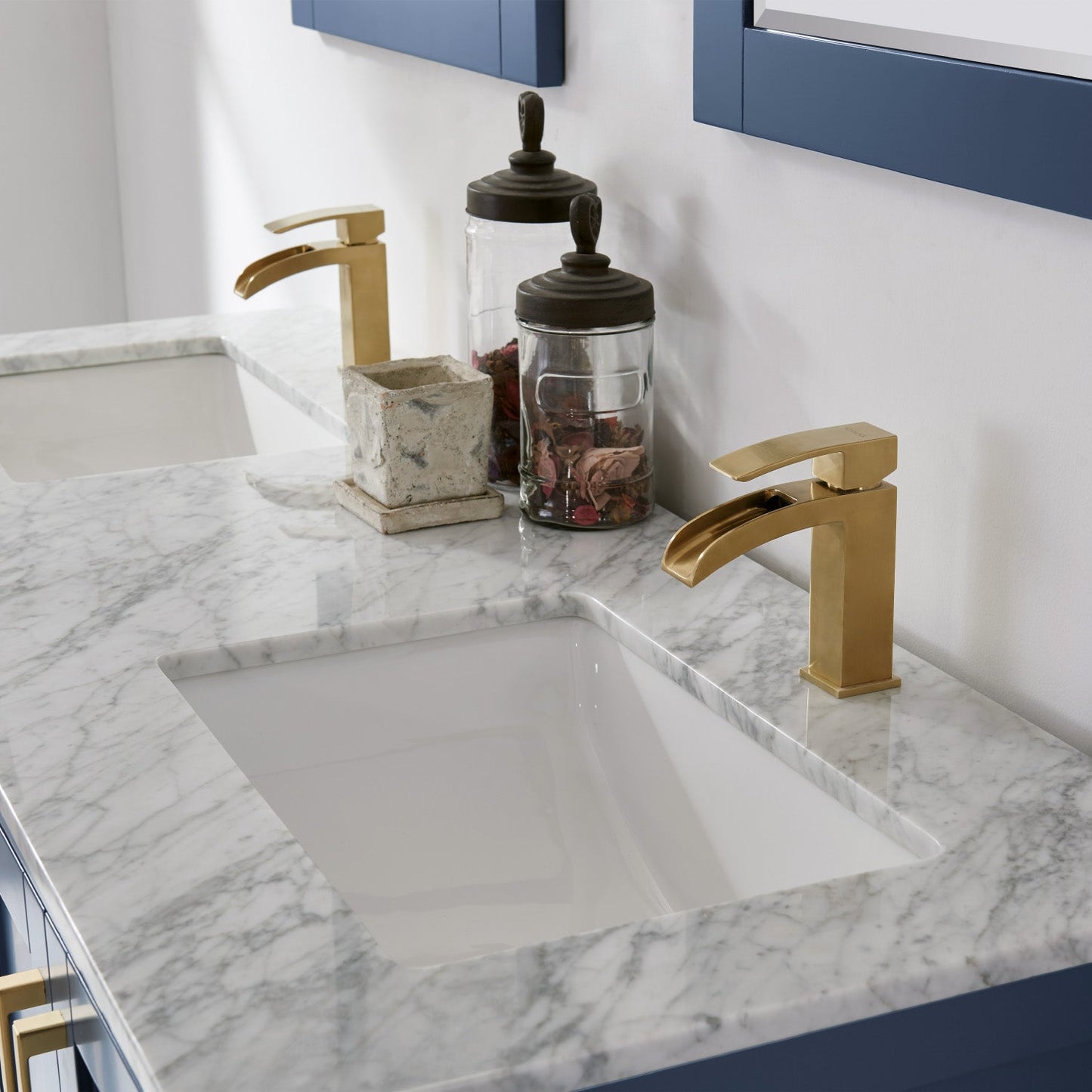 Remi 60" Double Bathroom Vanity Set in Royal Blue and Carrara White Marble Countertop without Mirror