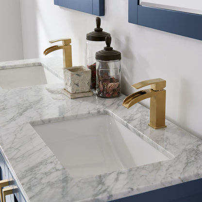 Remi 60" Double Bathroom Vanity Set in Royal Blue and Carrara White Marble Countertop without Mirror