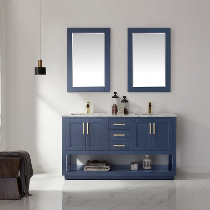 Remi 60" Double Bathroom Vanity Set in Royal Blue and Carrara White Marble Countertop with Mirror
