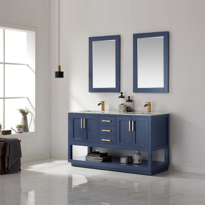 Remi 60" Double Bathroom Vanity Set in Royal Blue and Carrara White Marble Countertop with Mirror